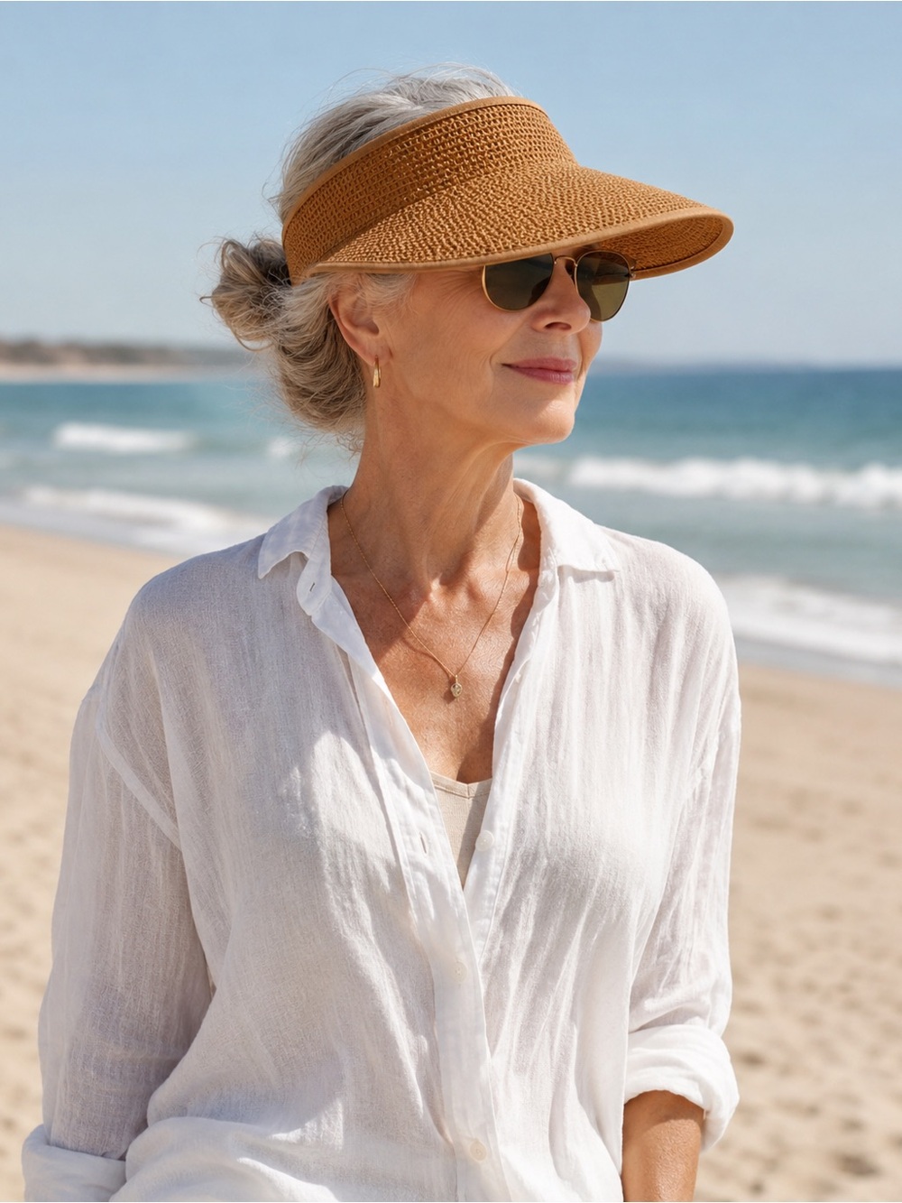 Tan Woven Straw Open Top Beach Sun Visor Hat